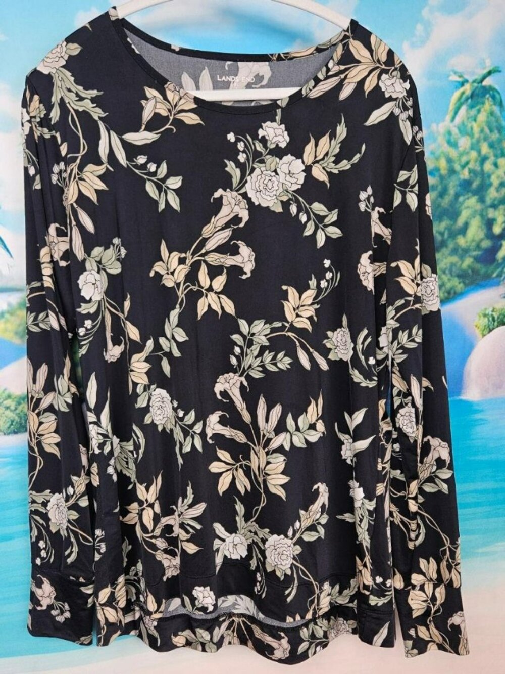 Floral Black Long Sleeve Shirt Blouse Womens XL 18 Lands' End Classic Roses